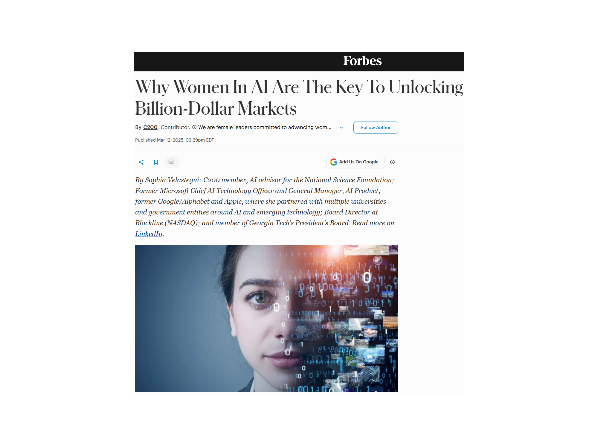 A woman with digital data and binary code overlayed on her face, representing artificial intelligence and technology.