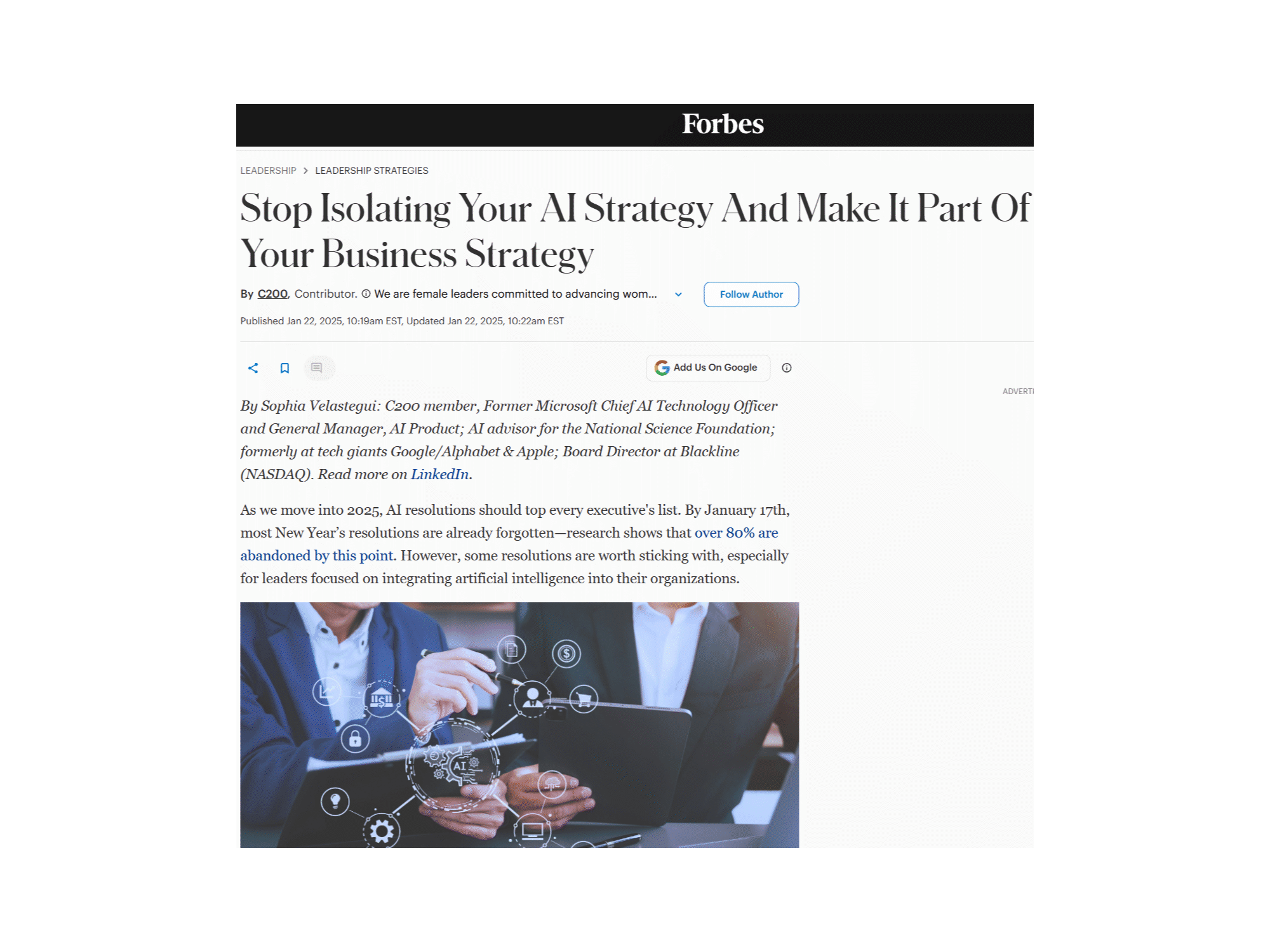 Screenshot of a Forbes article titled 'Stop Isolating Your AI Strategy And Make It Part Of Your Business Strategy'. The article features an image of a person in a suit holding a tablet, with digital icons representing AI and technology around them.