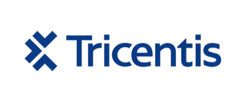 Tricentis logo with a blue emblem and text on a black background.