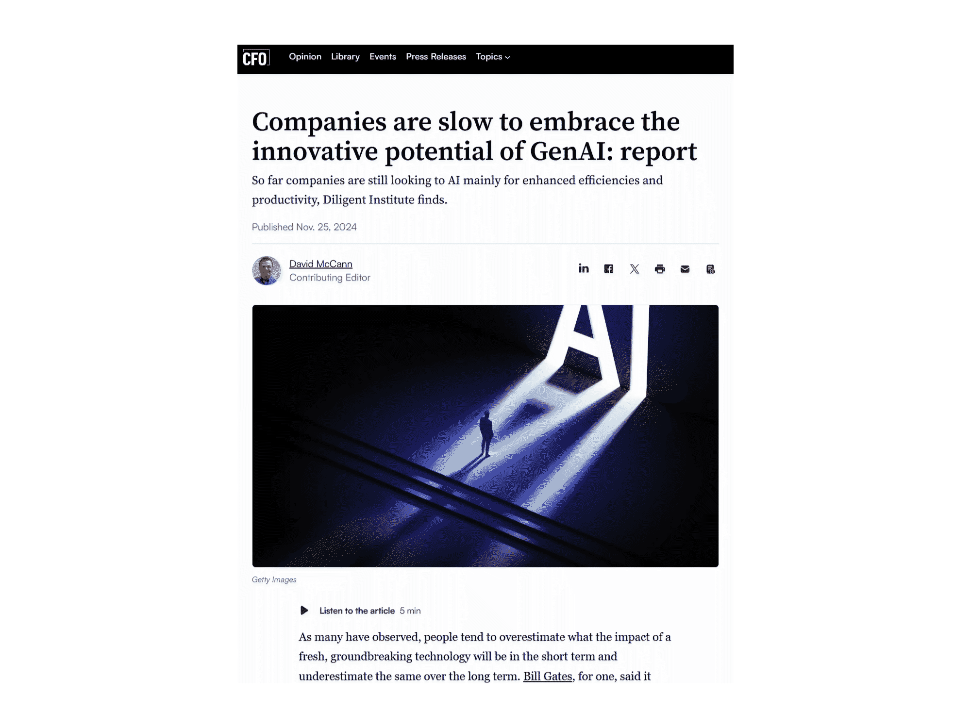 Online news article webpage with a dark theme, featuring a headline about companies embracing GenAI, a publication date, an author's name and picture, social media icons, and an image of a person standing under a large, illuminated AI symbol projection.