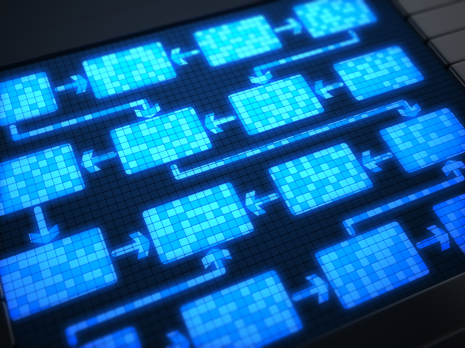 A digital schematic of a flowchart with interconnected blue rectangular nodes and arrows on a screen.