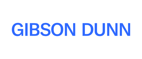 Text reading 'Gibson Dunn' in blue and black on a black background.