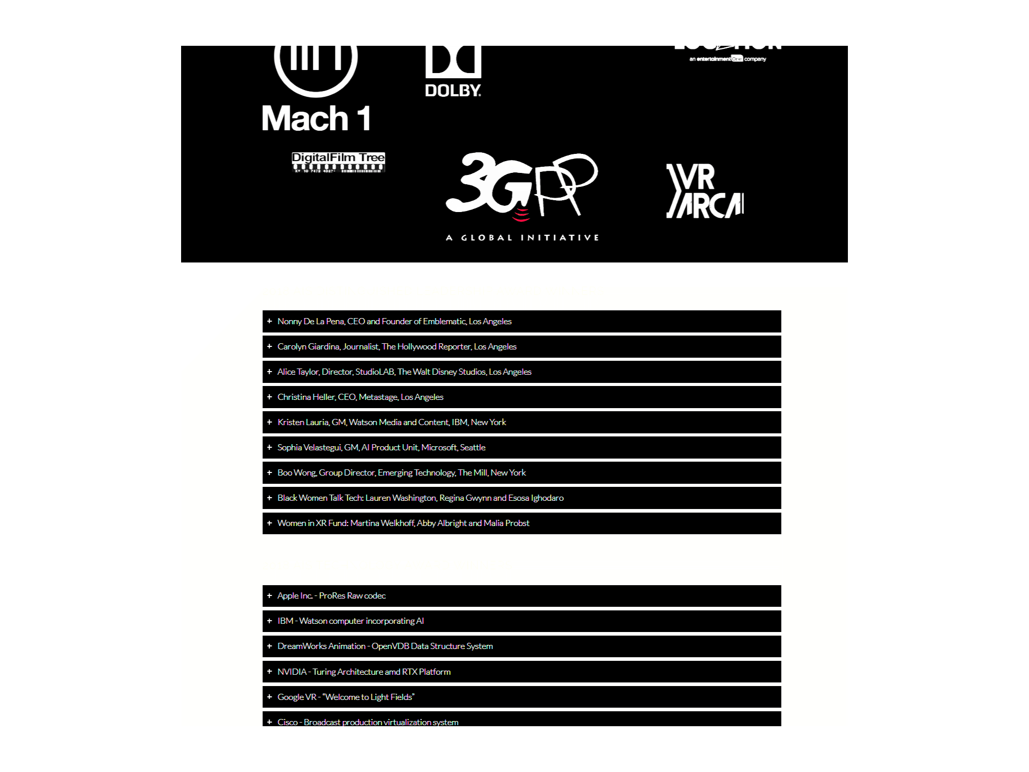 The image shows a webpage with various logos related to technology and media at the top, followed by a list of award winners, including names and titles of individuals and organizations, arranged in black and white text blocks.