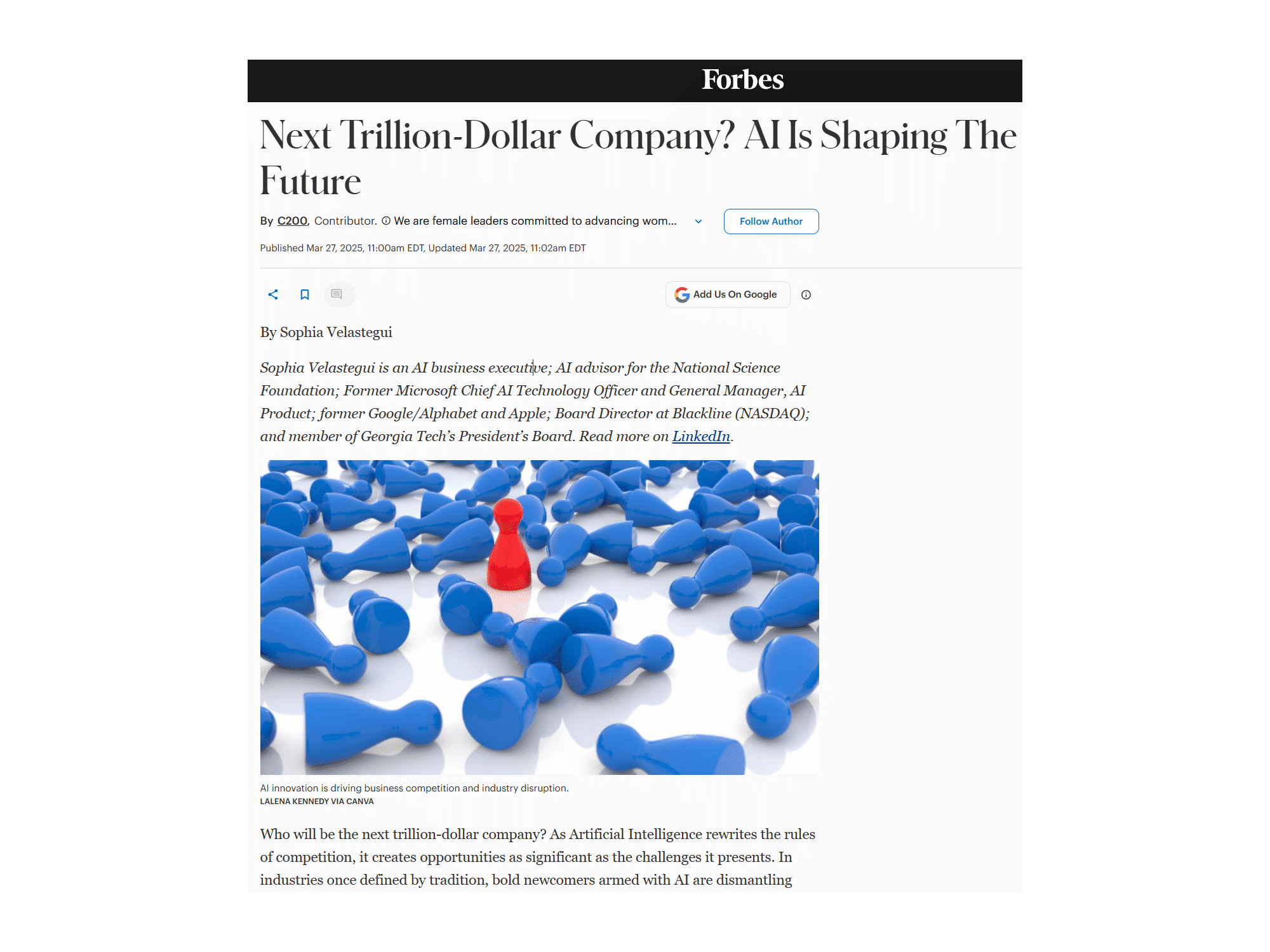 Digital illustration showing a red pawn piece surrounded by many blue pawn pieces.