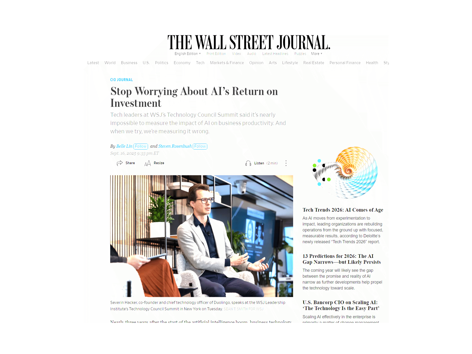 Screenshot of a Wall Street Journal article titled 'Stop Worrying About AI's Return on Investment', featuring a man speaking at a conference among other business topics related to AI.