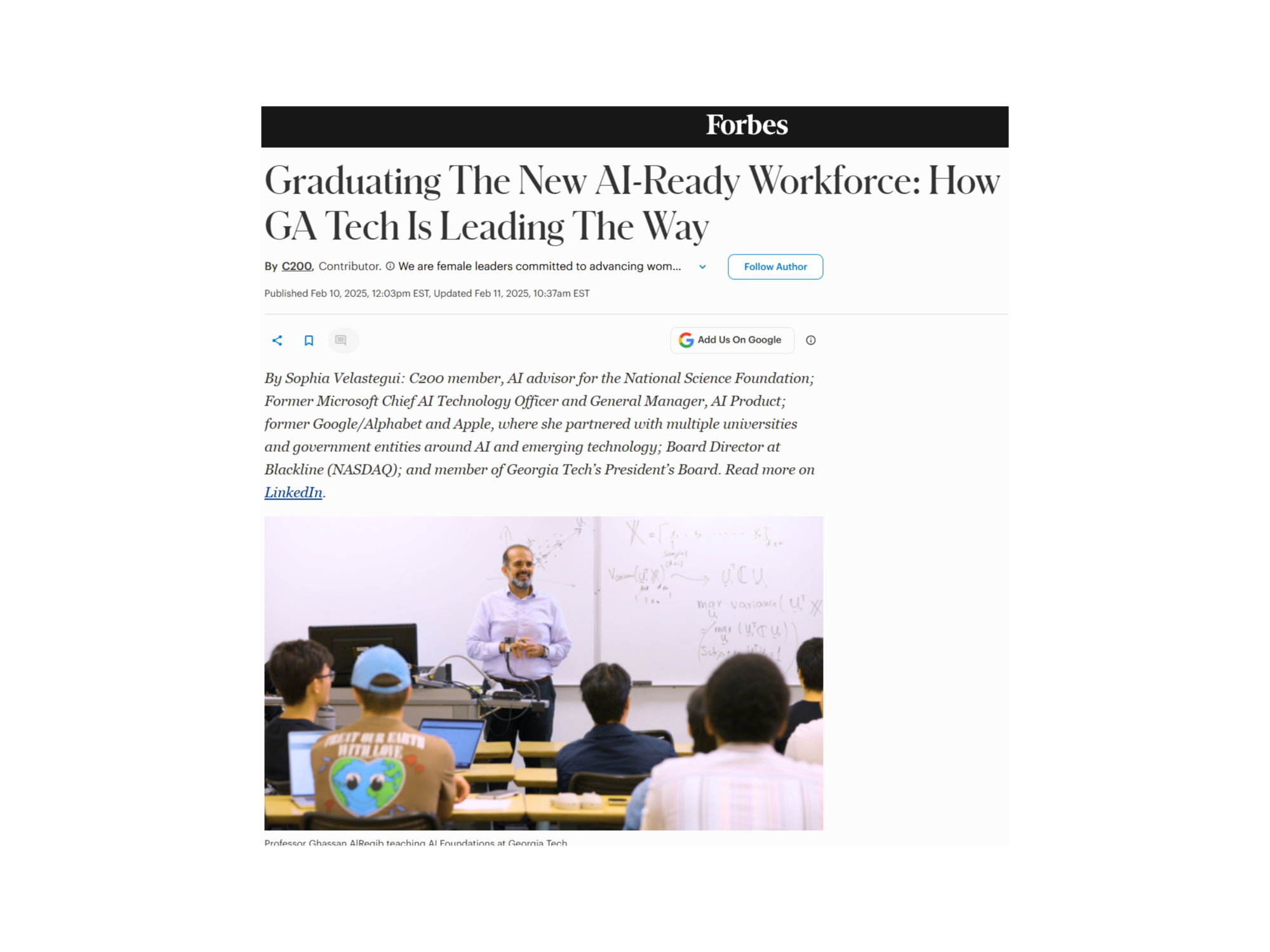 A classroom with students listening to a male instructor teaching AI concepts on a whiteboard, some students working on laptops, including a child with a blue cap and a backpack with Earth and nature design.