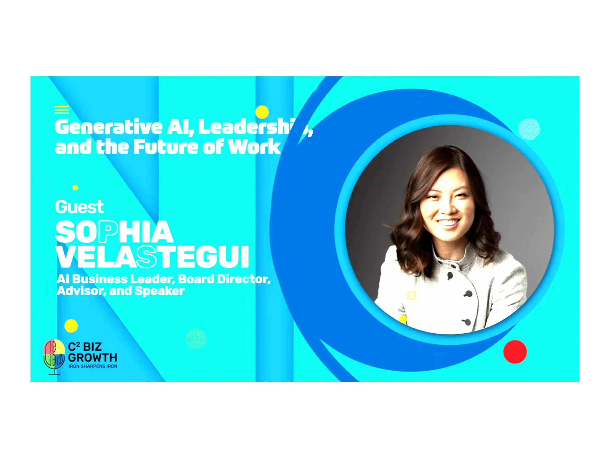 Event banner promoting a talk on 'Generative AI, Leadership, and the Future of Work' with guest Sophia Velastegui, an AI business leader and board director, with her portrait on the right side.