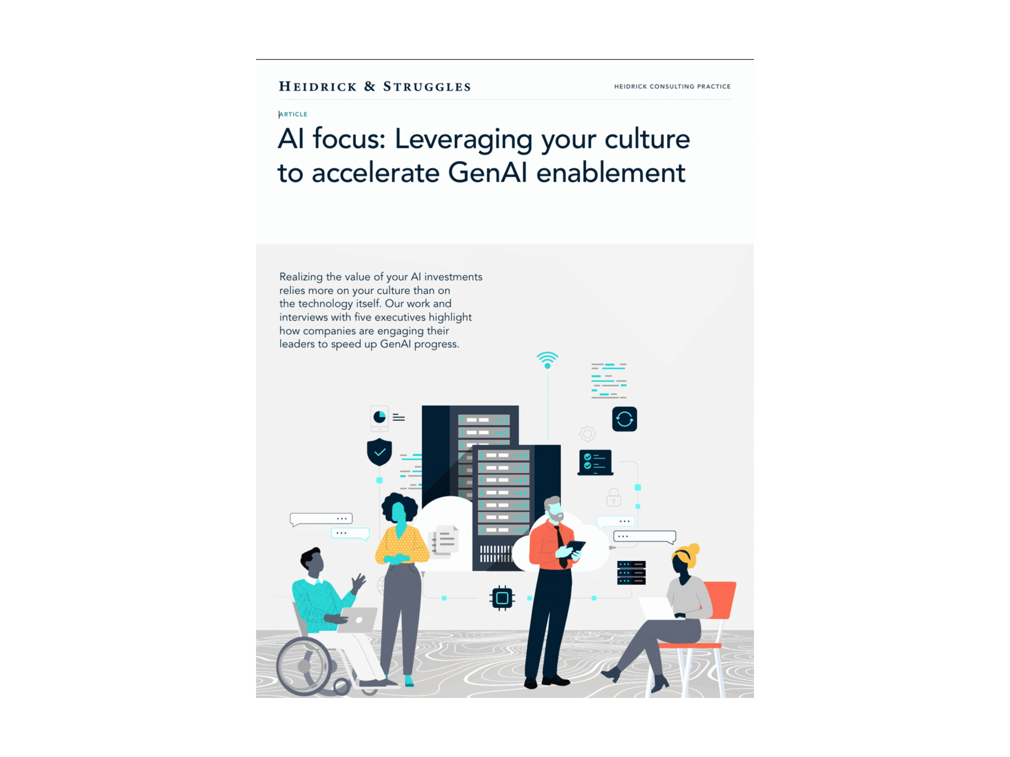 Article titled 'AI focus: Leveraging your culture to accelerate GenAI enablement' with illustrations of diverse professionals using technology in front of a data center, including speech bubbles, charts, and icons representing data and security.
