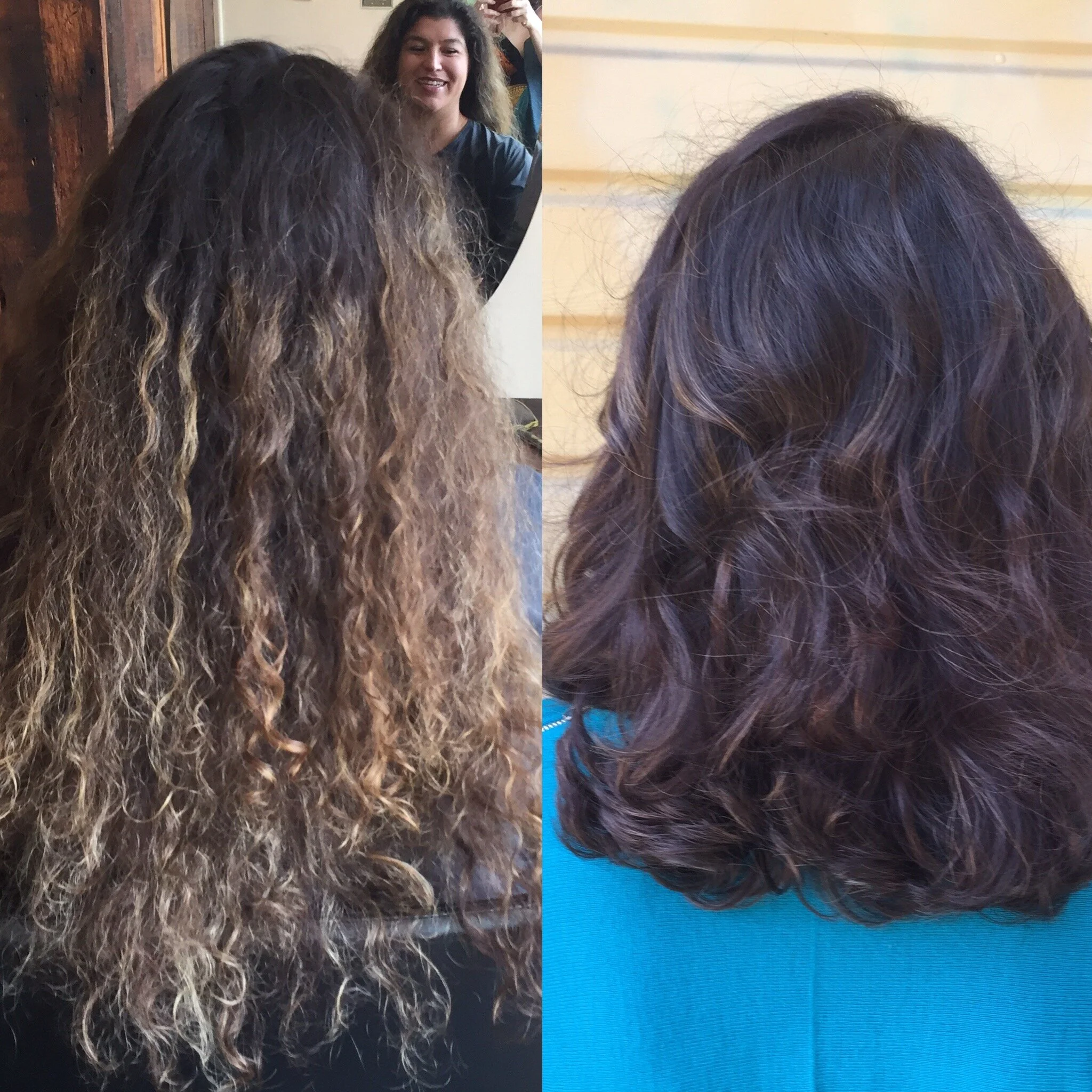 CORRECTIVE COLOR: Karla is an example of a corrective color.  We cut off 6 inches. I placed sporadic foils throughout the root area, deepened the color in-between the foils and toned the hair with a glaze for luster.  When blow drying, I used a round
