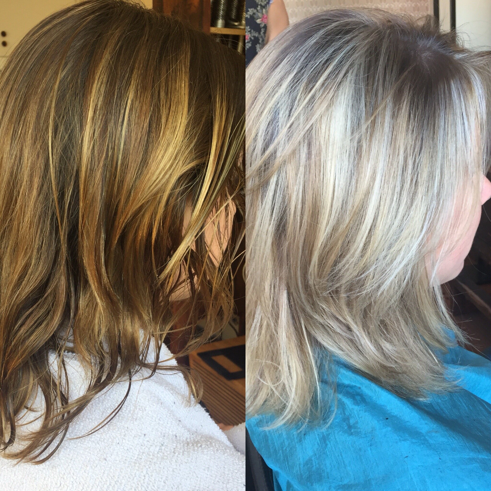 COLOR: Gina desired to have a change.  We decided to make her hair a bold blonde.  I applied a lot of bleach pieces but left a slight shadow root.