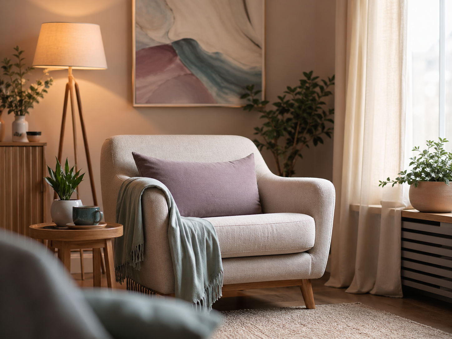 Sala de estar con sofá beige, cojín lila, manta gris, plantas verdes, lámpara de pie, cuadro abstracto, cortinas beige y mueble de madera con radiador.