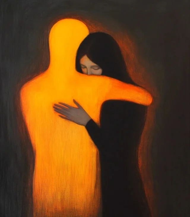 Una mujer con cabello oscuro abrazando una figura luminosa amarilla que representa una persona.