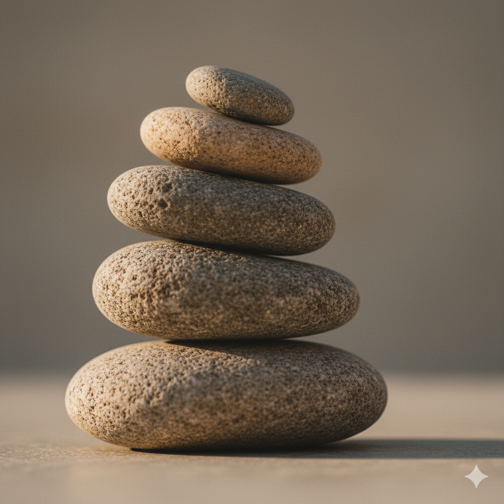 Cinco piedras lisas apiladas una sobre otra en un fondo neutro.