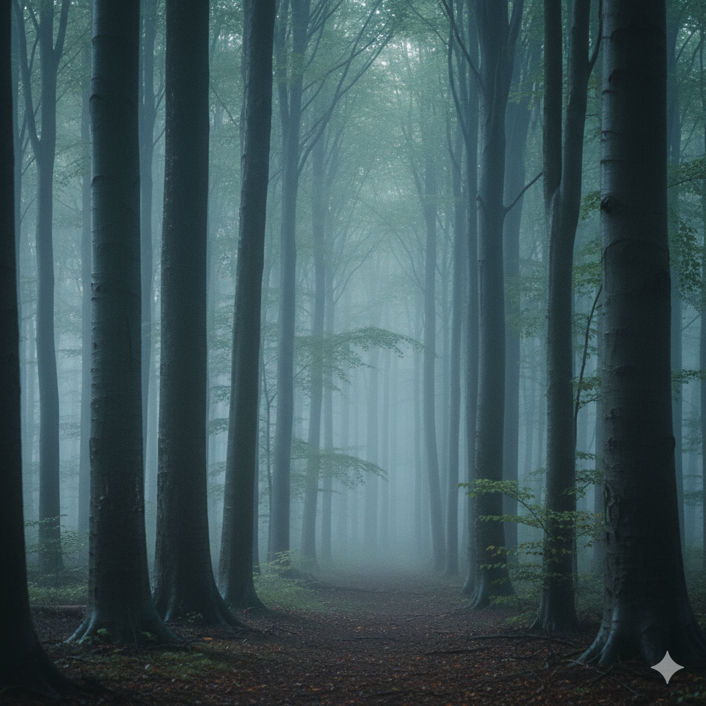Camino en un bosque con árboles altos y una atmósfera mística de neblina