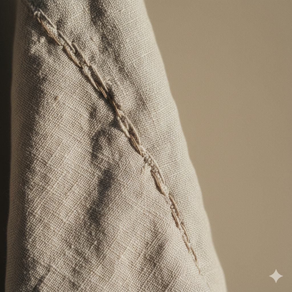 Primer plano de una prenda de vestir de color beige, con una costura decorativa en forma de línea de cadena en la parte superior.