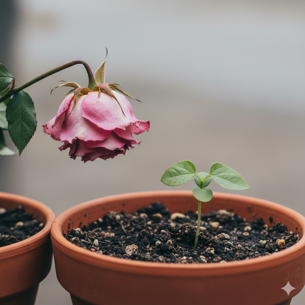 Una rosa marchita en una maceta y una pequeña planta de semillero en otra maceta de terracota con tierra
