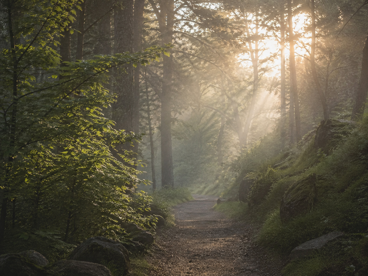Camino en un bosque con árboles altos, luz solar filtrándose a través de las hojas y vegetación verde a ambos lados.
