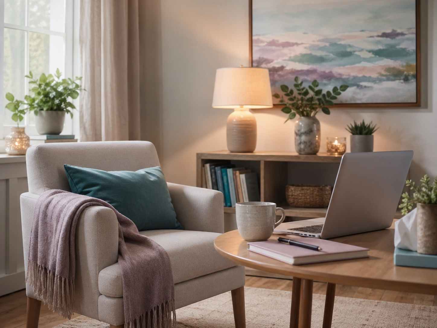 Sala de estar con sillón, mesa de café, laptop, plantas y lámpara.
