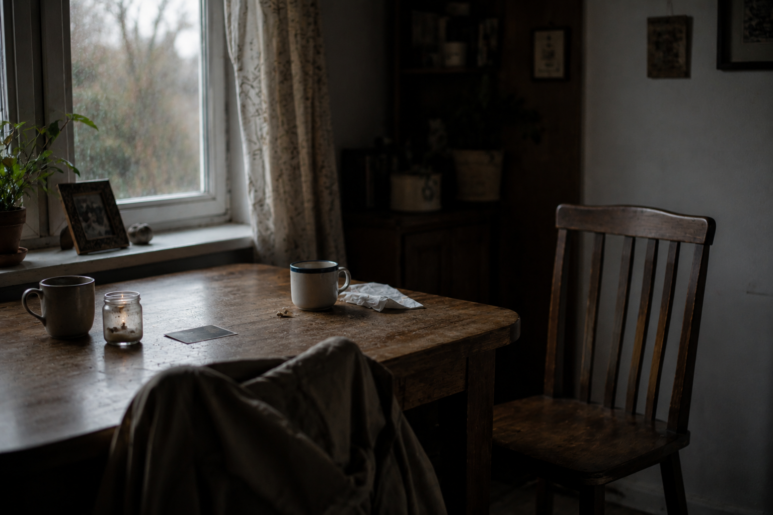 Mesa de madera con tazas y vela, cerca de una ventana con cortinas, en una habitación con decoración sencilla y ambiente acogedor, con una silla de madera al lado.