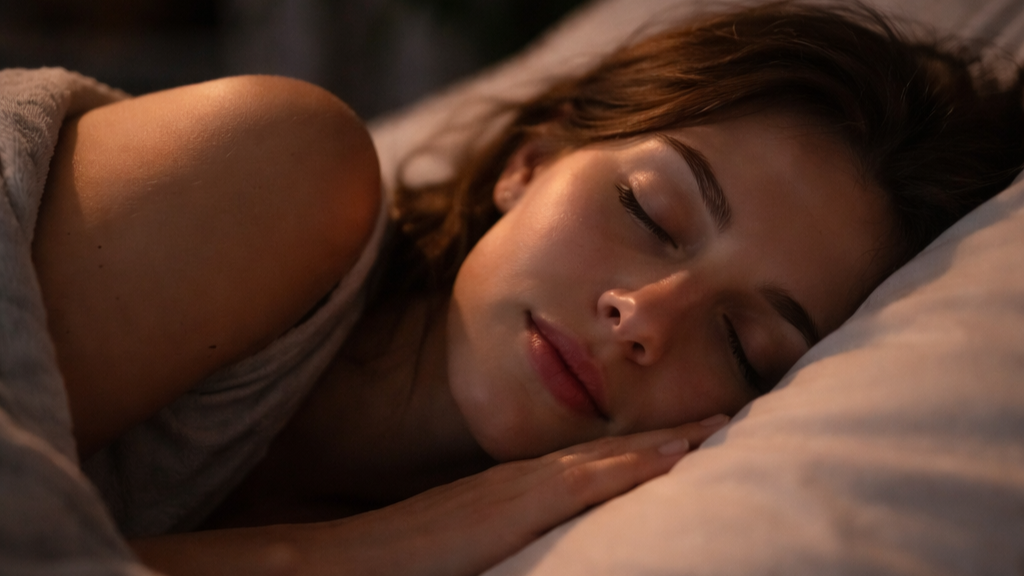 Una mujer joven durmiendo plácidamente en una cama, con expresión relajada y rostro sereno.