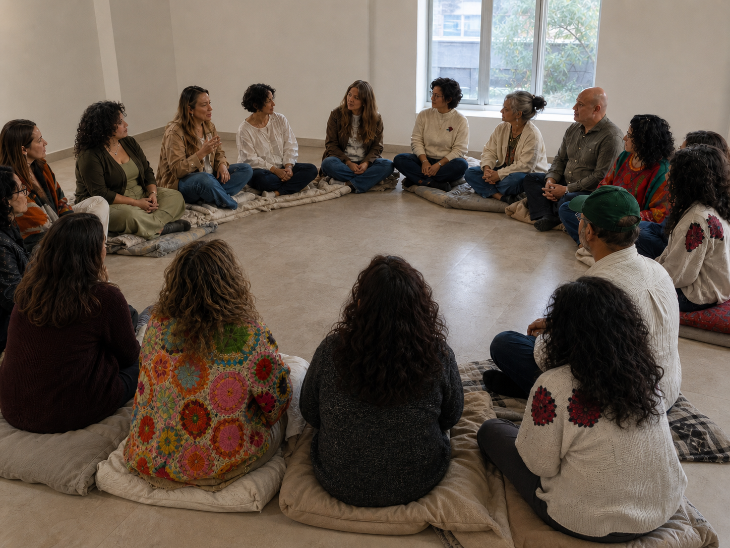 Grupo de personas sentadas en círculo en una habitación con ventana, participando en una discusión o reunión en un ambiente informal.
