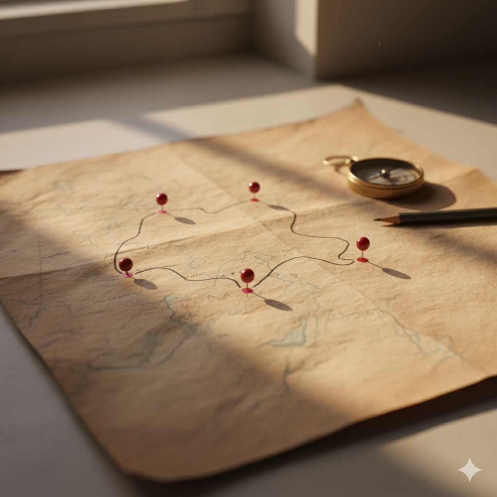 Un mapa antiguo con alfileres rojos, una brújula y un lápiz sobre una mesa cerca de una ventana. La luz del sol entra por la ventana y crea sombras suaves.