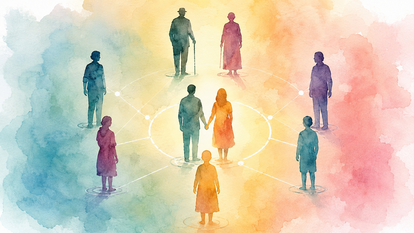 Ilustración de diferentes personas conectadas en una red social, con variaciones de color en el fondo.