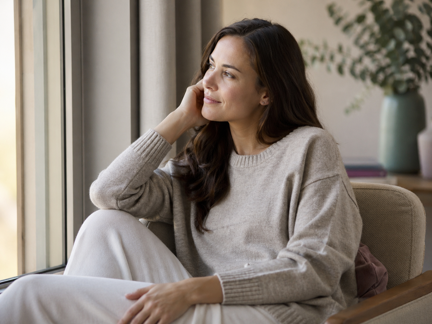 Mujer con cabello castaño, usando un suéter gris, mirando por la ventana y sonriendo suavemente en un ambiente interior con plantas.