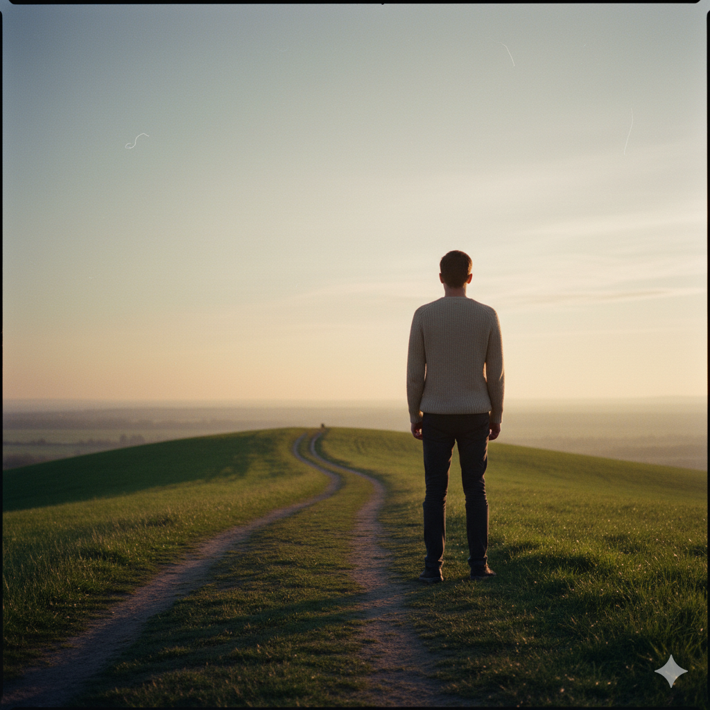 Persona de espaldas caminando por un sendero en un campo abierto durante el atardecer.