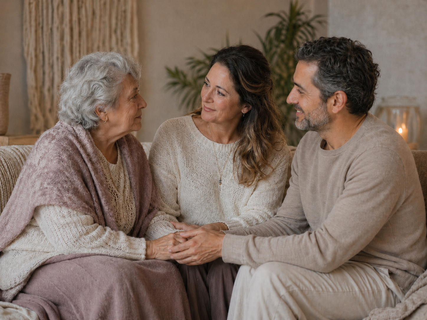 Tres personas mayores y un adulto joven sentados en un sofá, sosteniéndose de las manos y sonriendo en un ambiente acogedor con decoraciones y plantas.
