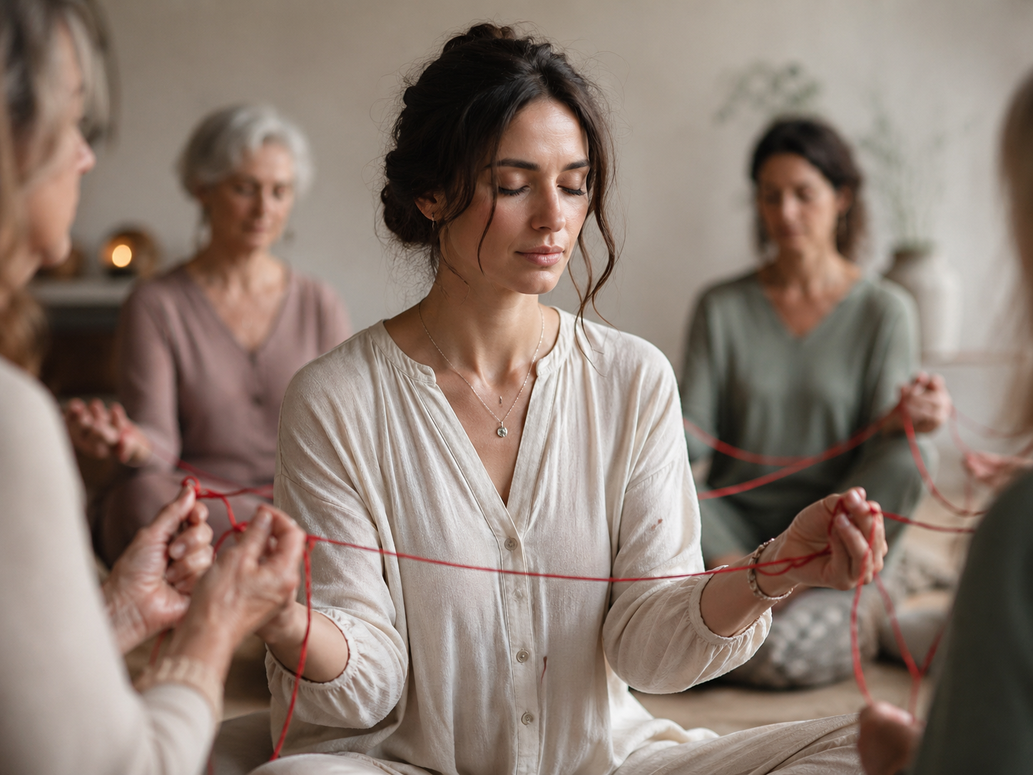 Grupo de mujeres mayores y jóvenes participando en una sesión de meditación en un ambiente relajado, con ojos cerrados y sujetando cuerdas rojas conectadas entre ellas.