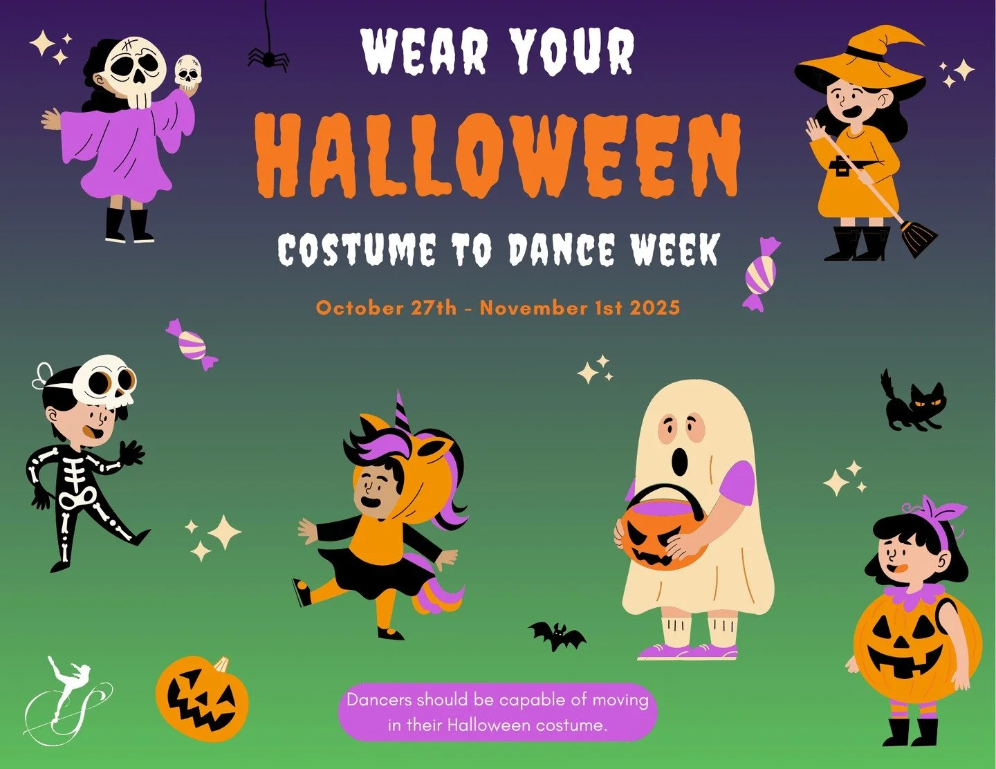 👻 Friendly reminder!
This week kicks off our Fall Spirit Weeks, and we’re starting with one of our favorites — Costume Week! 🎃✨
Dancers are invited to wear their Halloween costumes to class all week long! We can’t wait to see al