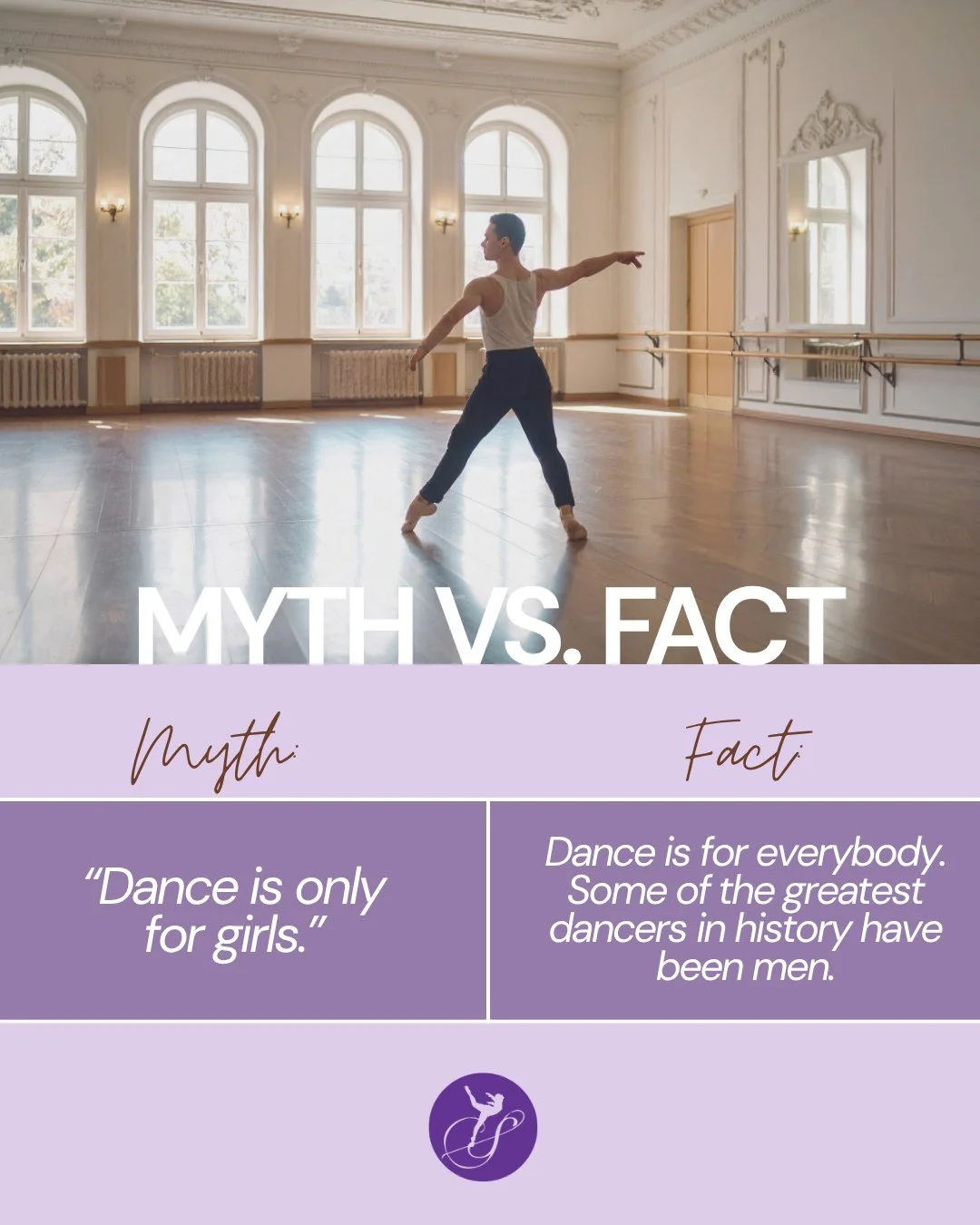 🩰 Myth vs. Fact: Dancer Edition 🩰
Myth: “Dance is only for girls.”
Fact: Absolutely false! 🙅‍♂️
Dance is for everybody. Some of the greatest dancers in history have been men — from Fred Astaire and Gene Kelly to Patrick Swa