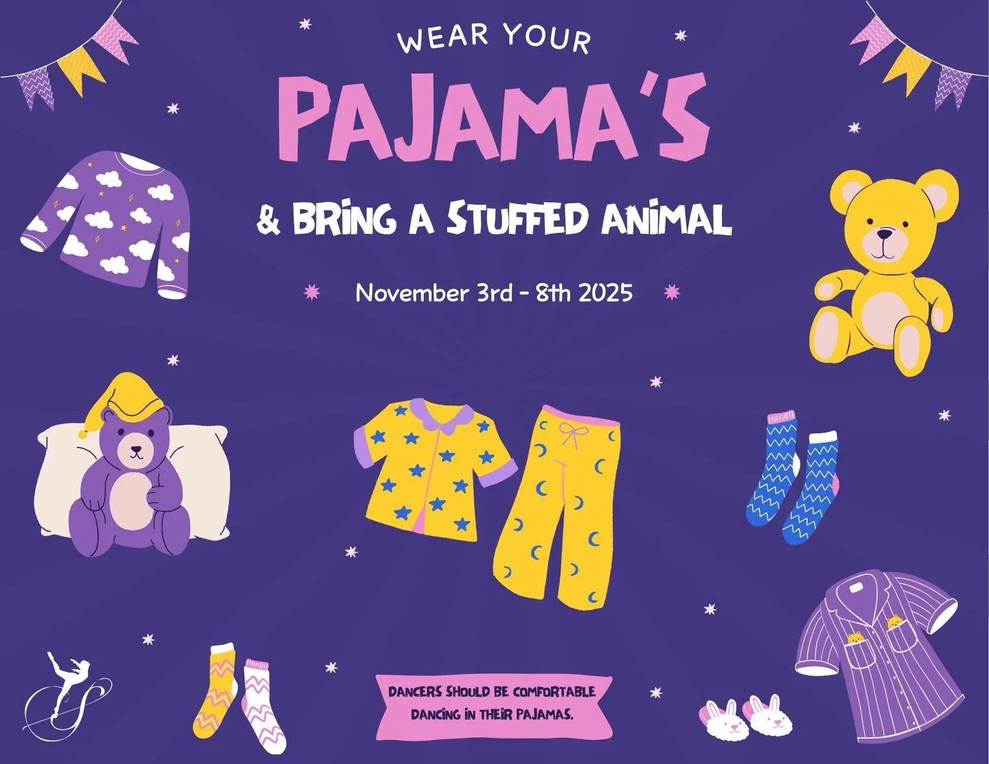 Don’t forget, our Fall Spirit Weeks continue next week! 🍁✨
And next week’s theme is one of our favorites… Pajama Week! 🩵💤
Come to class extra cozy and comfy — just make sure you can still move easily in whatever you wear