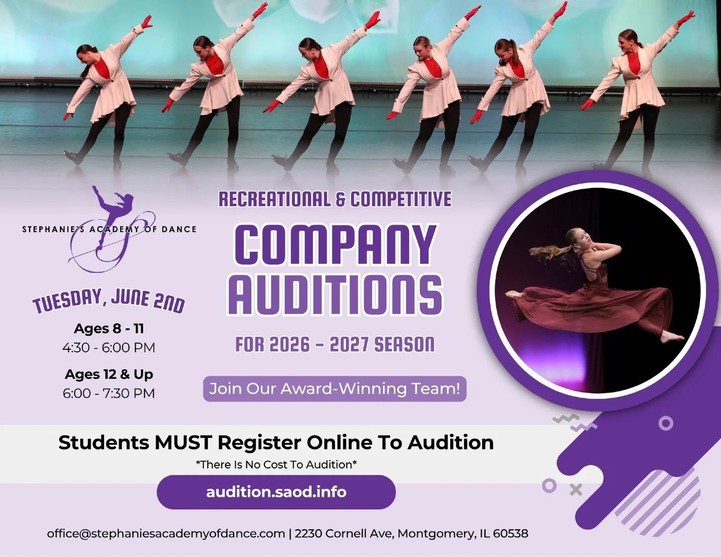🌟✨ COMPANY AUDITIONS ✨🌟

There's still time to register for next season's company auditions! 

📅 Tuesday, June 2 

🩰 Ages 8&ndash;11 | 4:30 PM &ndash; 6:00 PM 
🩰 Ages 12 &amp; Up | 6:00 PM &ndash; 7:30 PM

⚠️ Online registration is REQUIRED to a