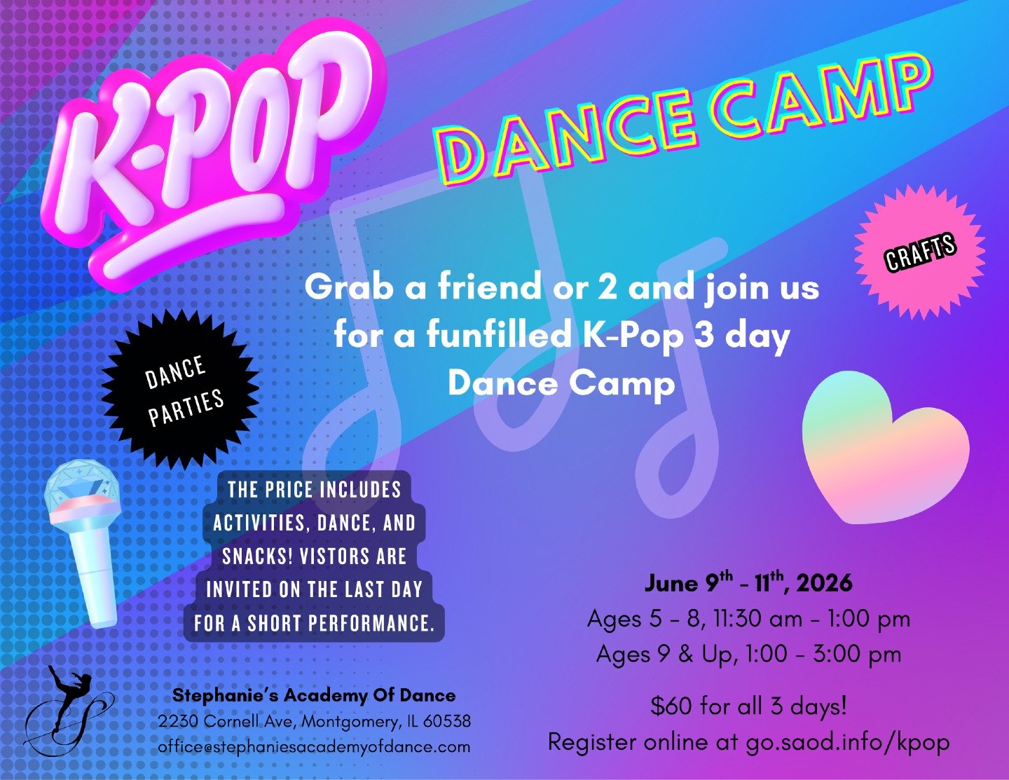 🎶 Our 3-Day K-Pop Camp begins TOMORROW! 🎶

Get ready to learn, move, and have a blast! 

💜 Ages 5&ndash;8: 11:30 AM &ndash; 1:00 PM

There's still time to join us, and it&rsquo;s just $60 for all 3 days! 🤩

Register now at the link 👉 go.saod.inf