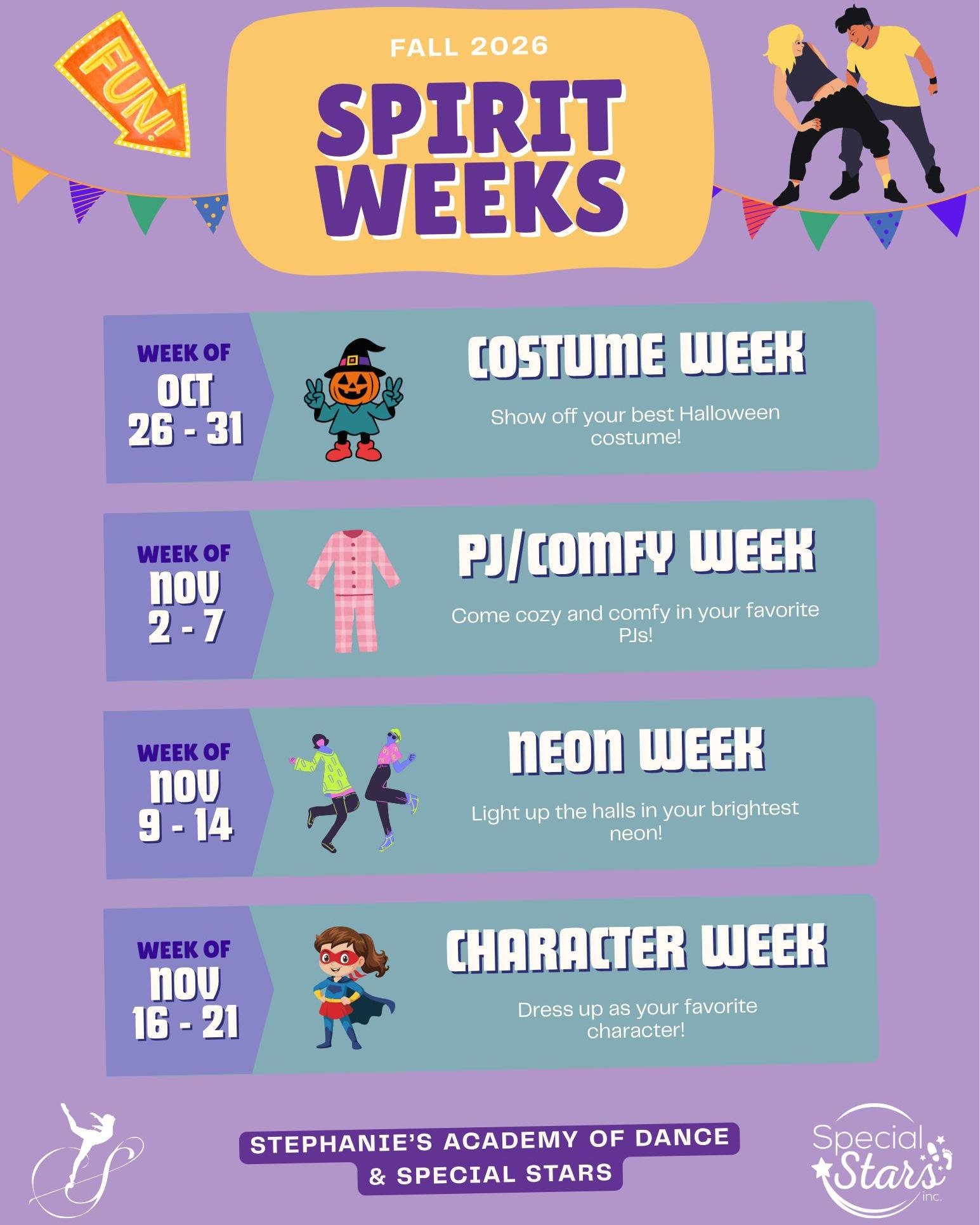 🎃 Spirit Weeks start next week! 👻

Check out our full schedule!

All next week, show us your Halloween costumes in class! 🦇

Just make sure you can still move in whatever you wear.

#stephaniesacademyofdance #stephaniesdance #spiritweek #halloween