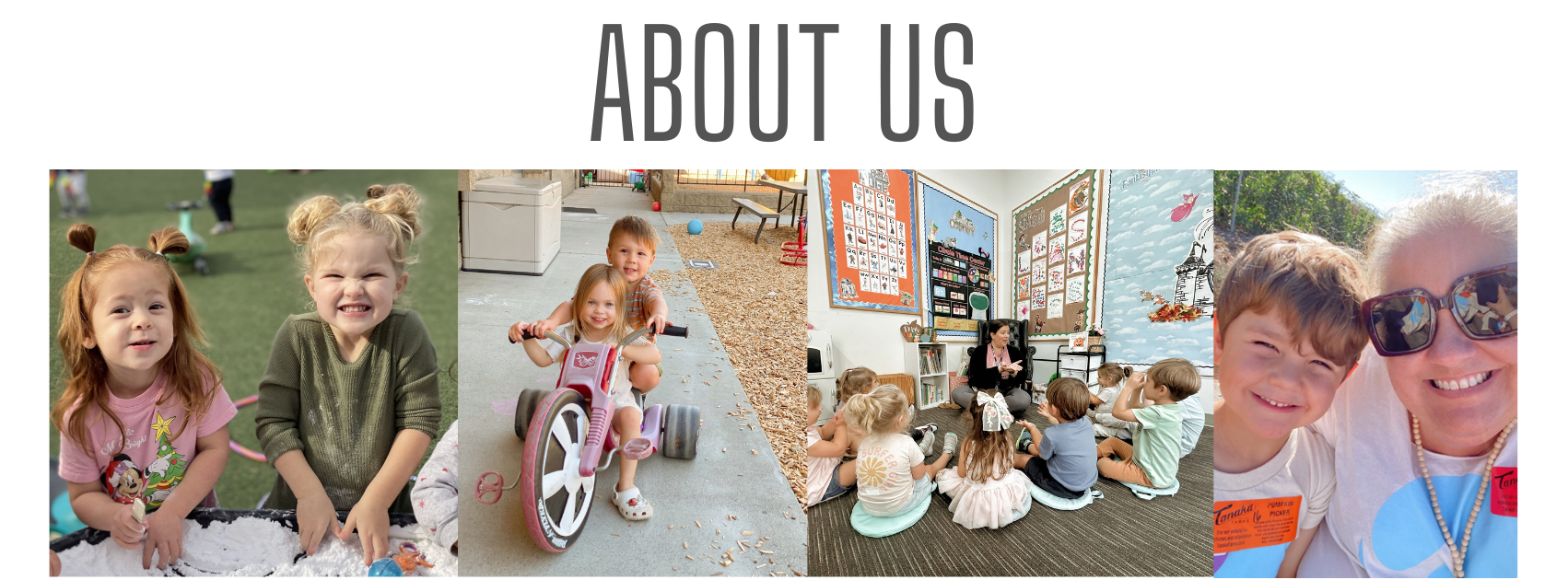 Four children outdoors playing, a girl riding a tricycle, children sitting on the floor in a classroom, and two children smiling with an adult in an outdoor setting.