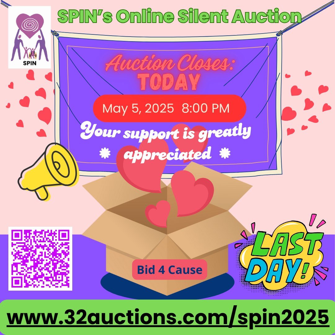 📢 Last chance to bid for a great cause! ❤️ SPIN's Online Silent Auction closes TODAY, May 5th at 8:00 PM PDT! Don't miss out on some amazing items. Your support is greatly appreciated! 🙏
➡️ Head over to www.32auctions.com/spin2025 to place your bi