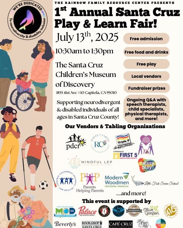 🎉 It's happening TODAY! 🎉
Come on down to the 1st Annual Santa Cruz Play & Learn Fair at The Santa Cruz Children's Museum of Discovery! We're here until 1:30 PM with free admission, food, drinks, and tons of fun. Supporting neurodivergent &