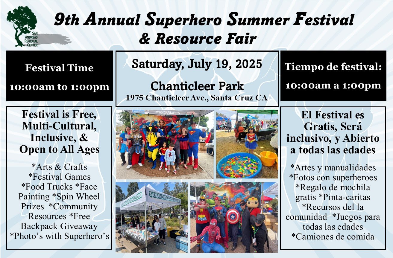 Get ready, Santa Cruz! The 9th Annual Superhero Summer Festival is happening this Saturday, July 19th!
Join us for a FREE, inclusive, and multi-cultural day of fun for the whole family. Bring the kids (and adults!) to Chanticleer Park for a chance t
