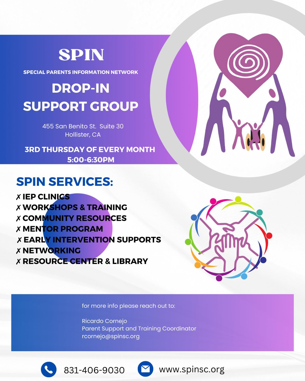 Join Our Drop-In Support Group! 💜
Are you a parent of a child with special needs? You're not alone. The Special Parents Information Network (SPIN) invites you to our monthly support group. It's a safe space to connect, share, and find resources.
?