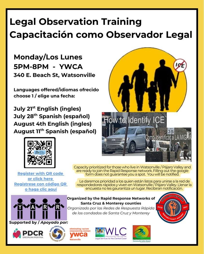 🚨Bilingual Event Alert!🚨
Join the Legal Observation Training to learn how to identify ICE and protect your community.
🗓️ Dates:
July 21st (English)
July 28th (Spanish)
August 4th (English)
August 11th (Spanish)
📍 Location: YWCA, 340 E. Bea