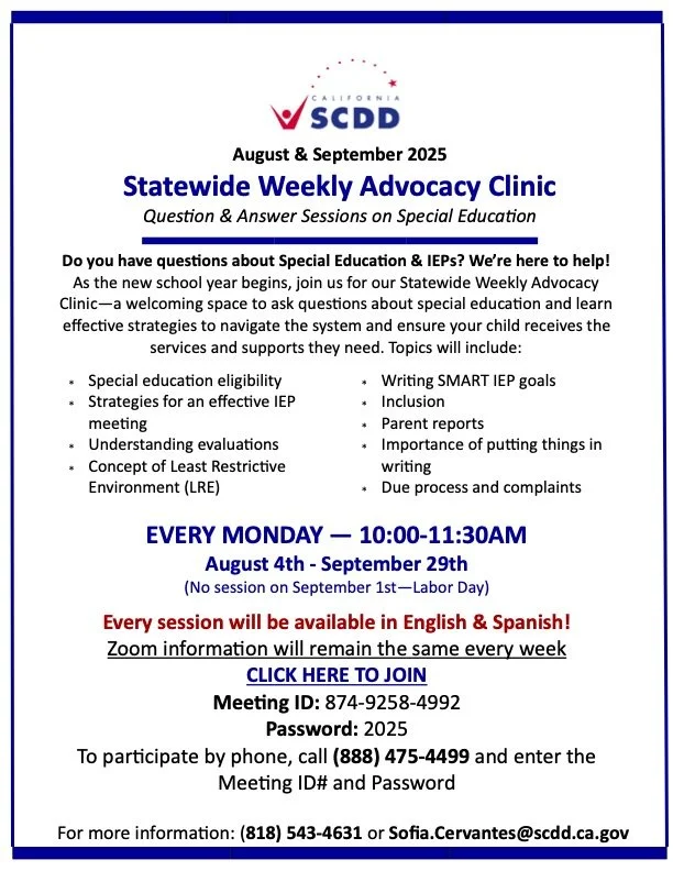 SCDD -Statewide Weekly Advocacy Clinic - via zoom
