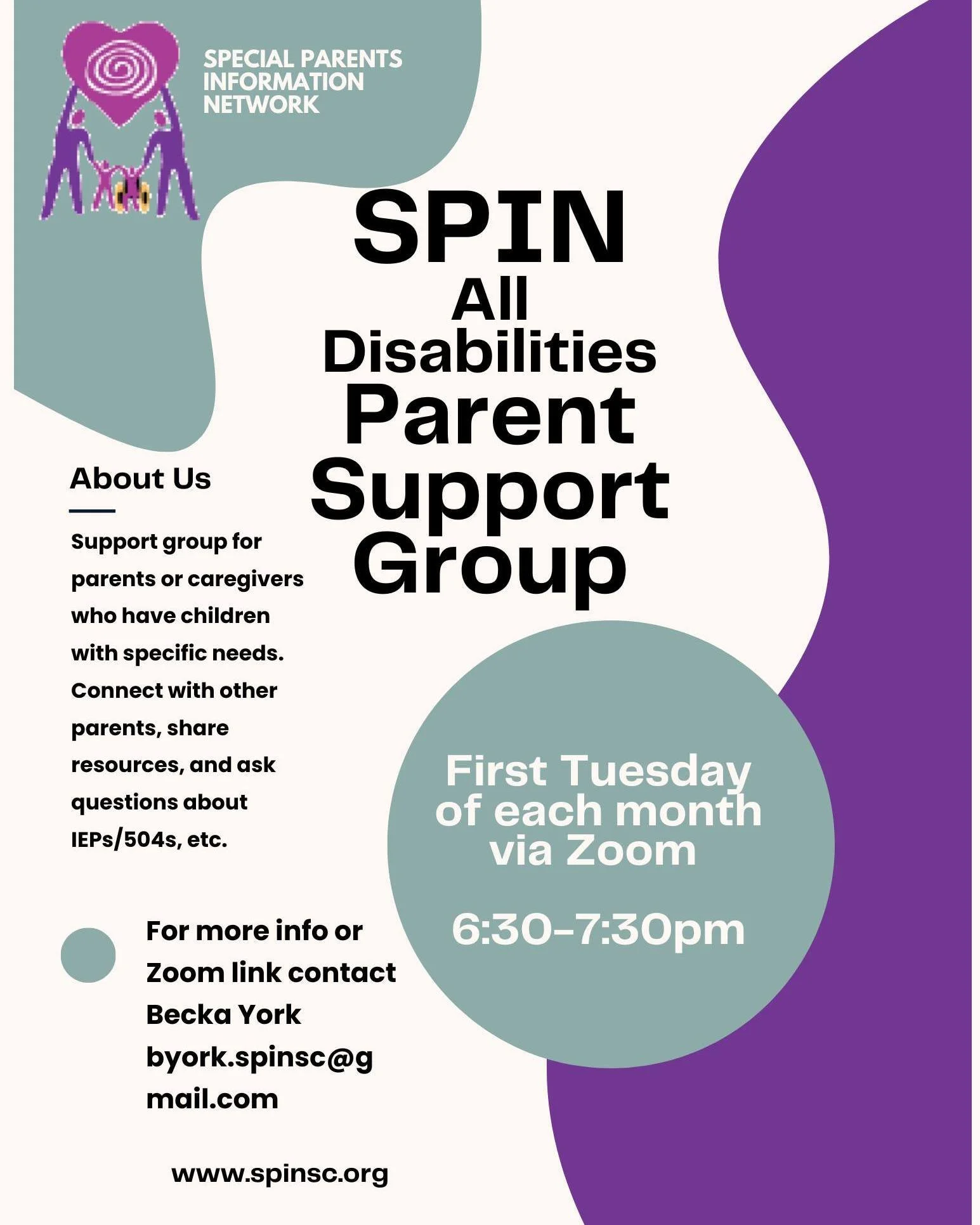 📢 Parents & Caregivers of Children with Disabilities - Join us TODAY! 📢
The SPIN All Disabilities Parent Support Group is meeting TODAY, Tuesday, September 2nd, 2025 via Zoom!
Connect with other parents, share resources, ask questions about I