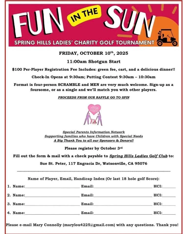 🏌️&zwj;♀️☀️ Get ready for some FUN IN THE SUN! 

Our Spring Hills Ladies' Charity Golf Tournament is just days away, on Friday, October 10th! We're so excited to see all our registered players hit the greens for a great cause. 
A huge thank you to e