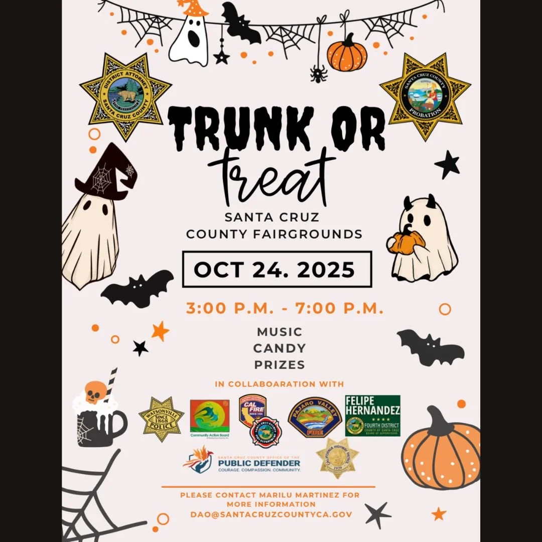 👻🎃 Get ready for some spooktacular fun! 🦇🍭 
The Santa Cruz County Trunk or Treat is back on October 24, 2025, at the Santa Cruz County Fairgrounds! 

Join us from 3:00 P.M. - 7:00 P.M. for music, candy, prizes, and more! It's a FREE community eve