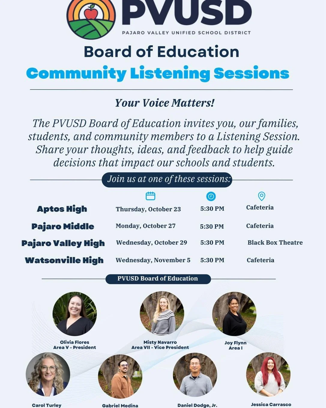 Parents and guardians of special education students, your voice matters!
📣 The PVUSD Board of Education wants to hear your concerns and feedback.
Join us at one of the upcoming Community Listening Sessions. Find dates, times, and locations in the