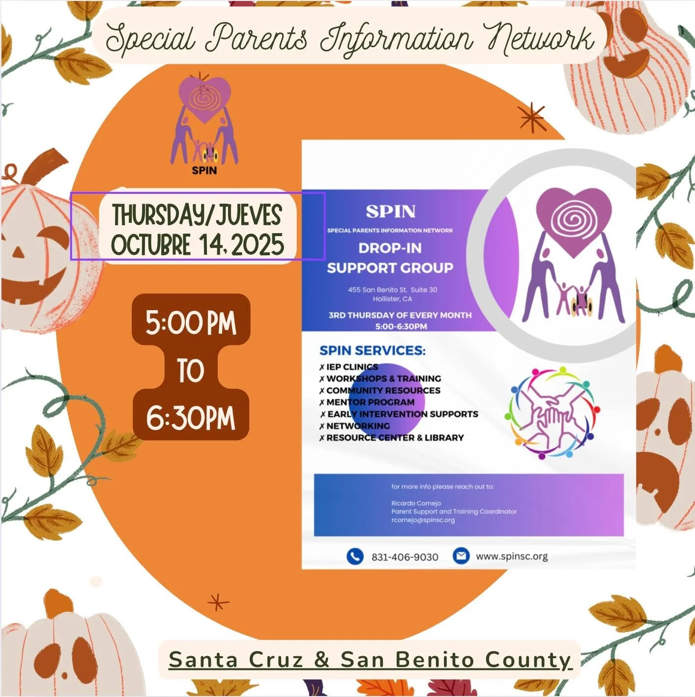 👋 Today: SPIN Drop-In Support Group!
Need connection and resources? Join the Special Parents Information Network (SPIN) Drop-In Support Group TODAY!
🗓️ Thursday, October 14, 2025
🕔 5:00 PM to 6:30 PM
📍 455 San Benito St, Suite 30, Hollister, CA