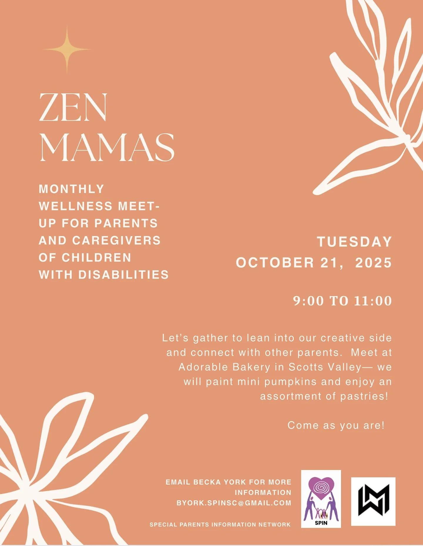 Carve out some time for yourself & join other parents at our monthly wellness meet-up! Let us nourish you with some crafting therapy, yummy pastries, and community!
Tuesday 10/21 from 9:00-11:00 at Adorable Bakery in Scotts Valley! Come as yo
